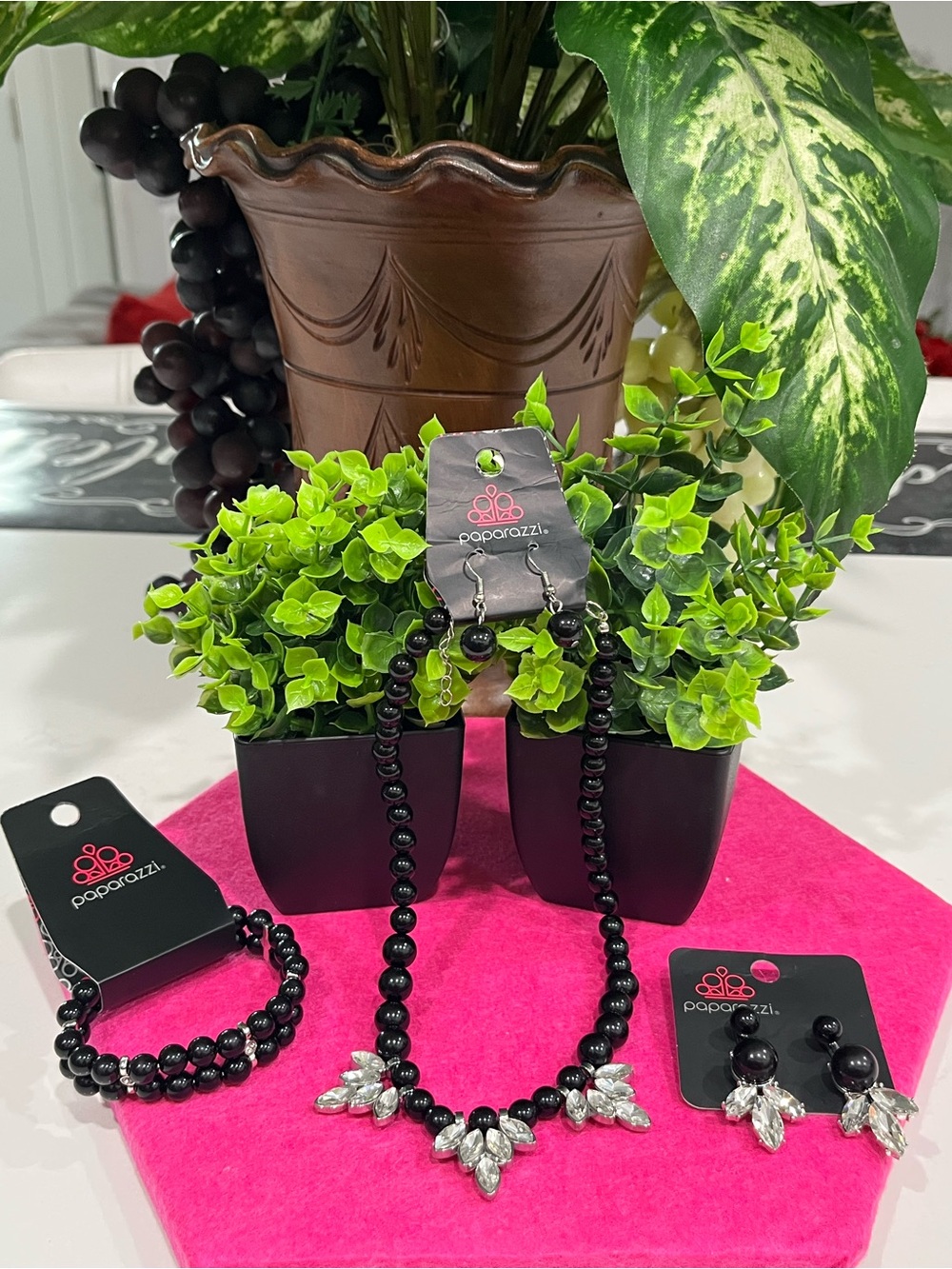 Paparazzi Black with bling Beaded Necklace Set,bracelet and upscale earrings.